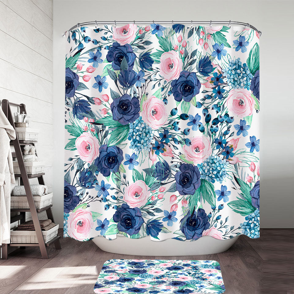Dark Blue and Pink Floral Shower Curtain