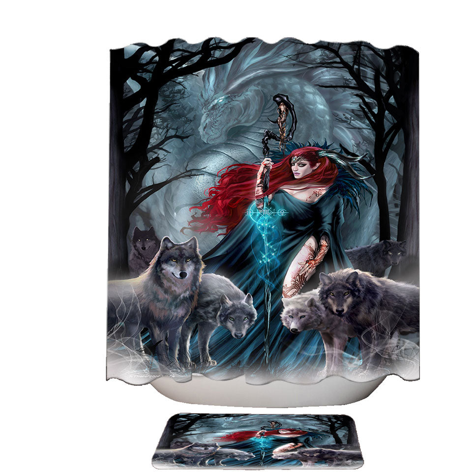 Dark Forest Redhead Witch Dragon and Wolves Shower Curtains and Bathroom Rugs