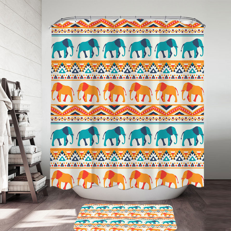 Decorative Shower Curtains Blue Orange Elephants on African Design