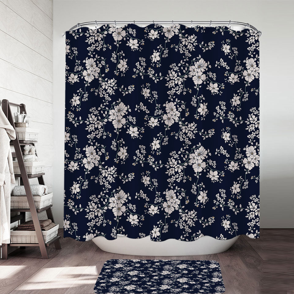 Decorative Shower Curtains Dark Blue Background for White Floral Shower Curtain