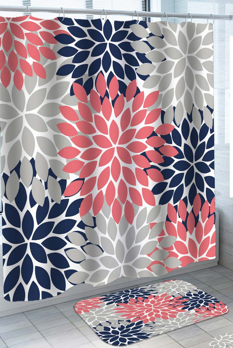 Decorative Shower Curtains Grey Blue and Watermelon Pink Leaf Shape Design