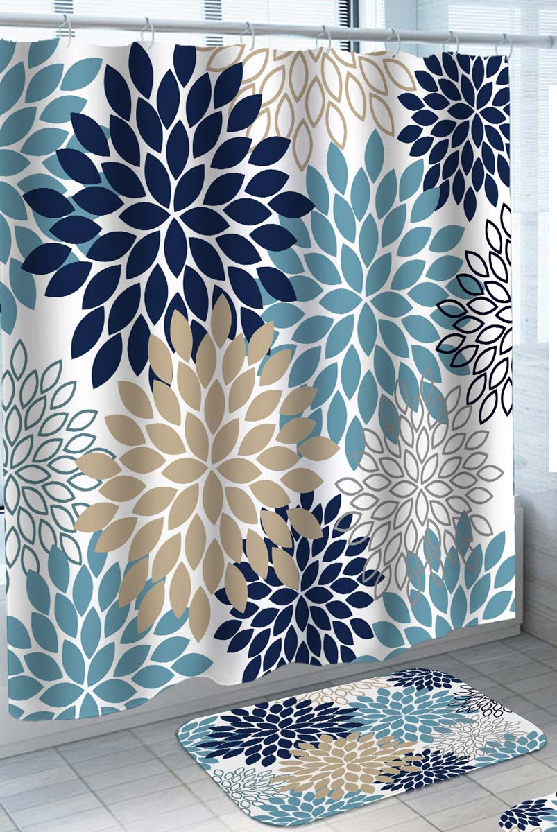 Decorative Shower Curtains Leaf Shape Design Blue Dark Blue and Beige