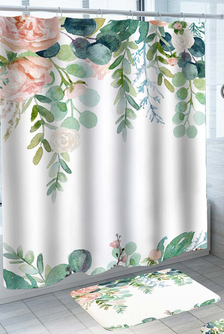 Decorative Shower Curtains Top and Bottom Green Leaves and Flowers