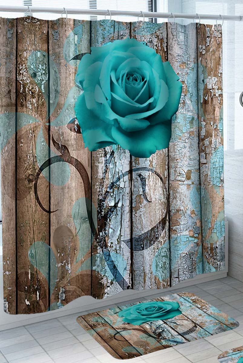 Decorative Shower Curtains Turquoise Rose over Peeling Wooden Wall
