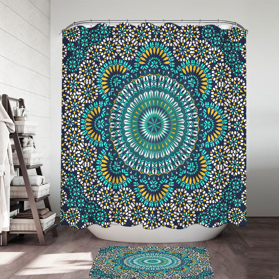 Decorative Shower Curtains Turquoise White and Yellow Mandala Bathroom Rugs