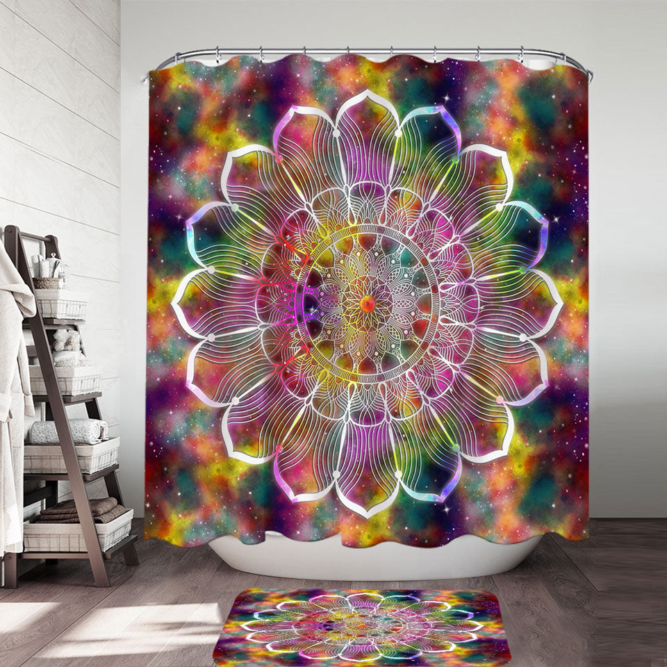 Decorative Shower Curtains White Flower Mandala over Colorful Space