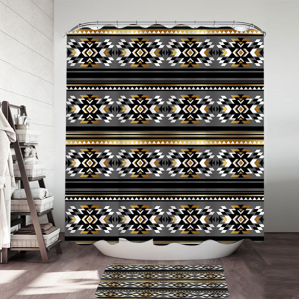 Decorative Shower Curtains an Bathroom Rugs of Golden Aztec Pattern over Grey