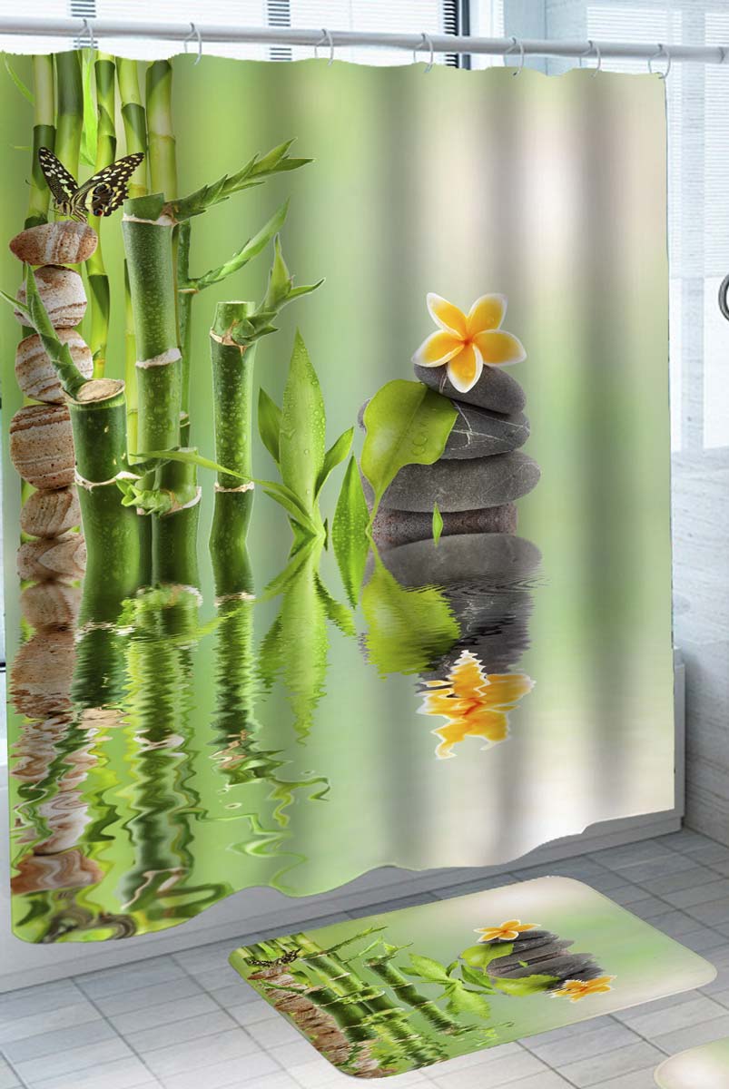 Decorative Shower Curtains of Spa Pebbles Cairn Bamboo and Yellow Plumeria
