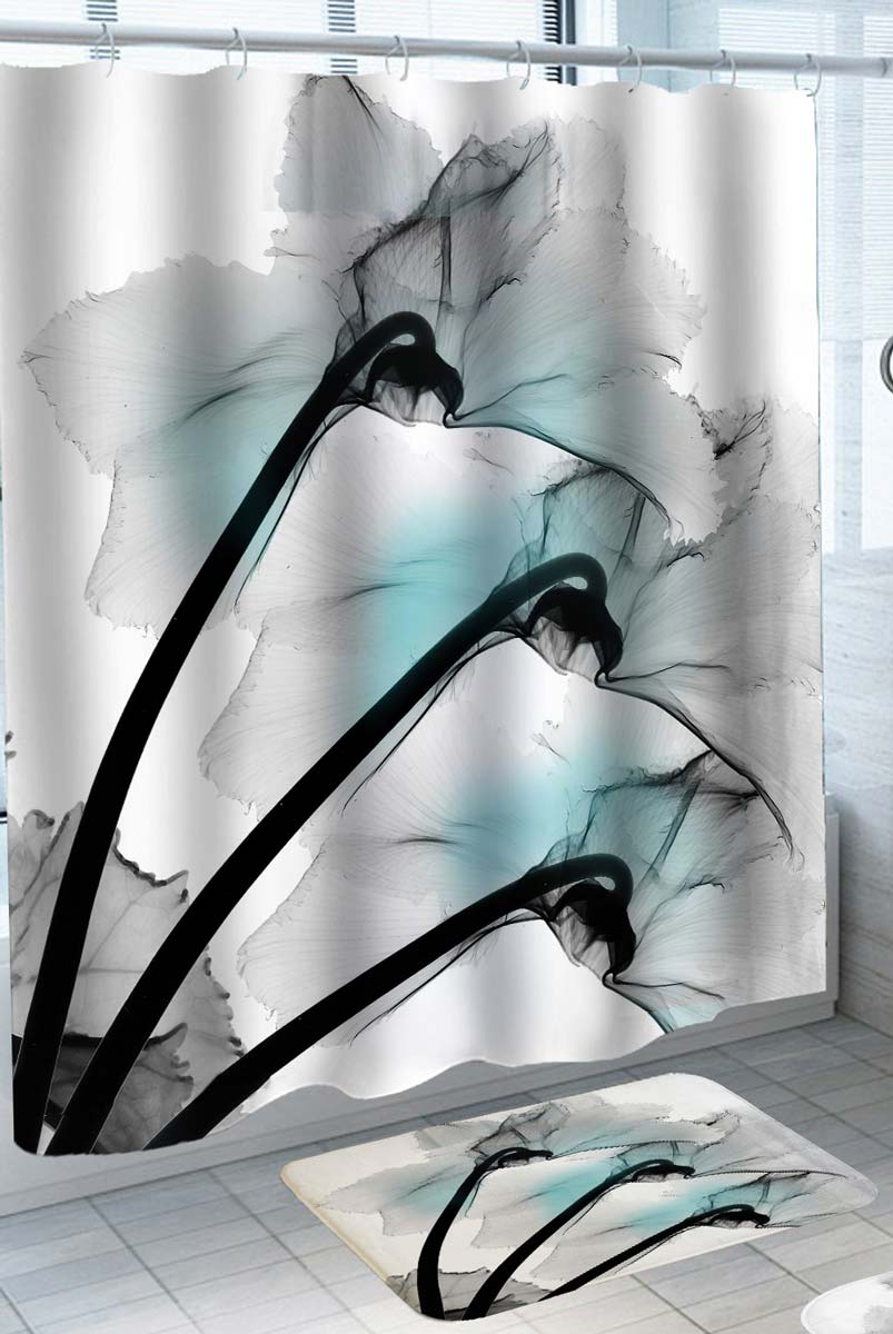 Decorative Shower Curtains with Black and White Turquoise Flowers