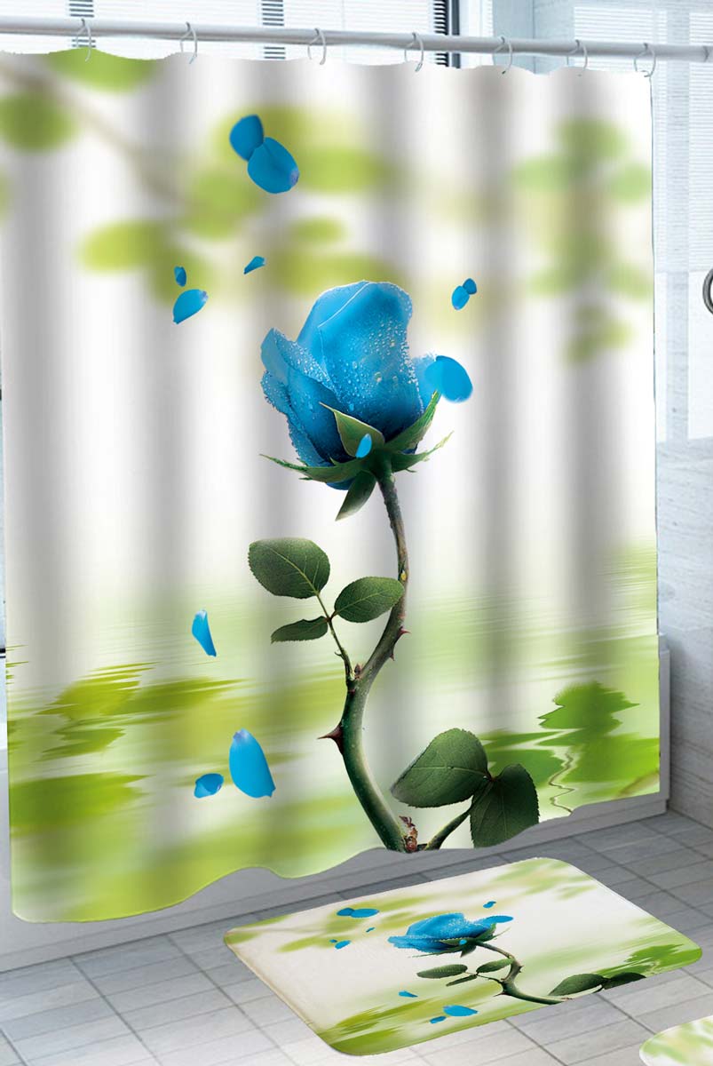 Decorative Shower Curtains with Dropping Petals Blue Rose