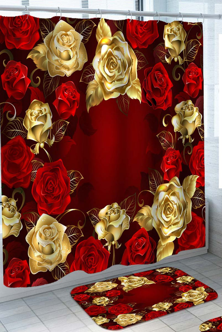 Decorative Shower Curtains with Flowers Red and Gold Roses