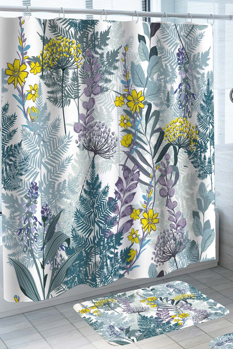 Decorative Shower Curtains with Purple Yellow Floral and Green Leaves Mix