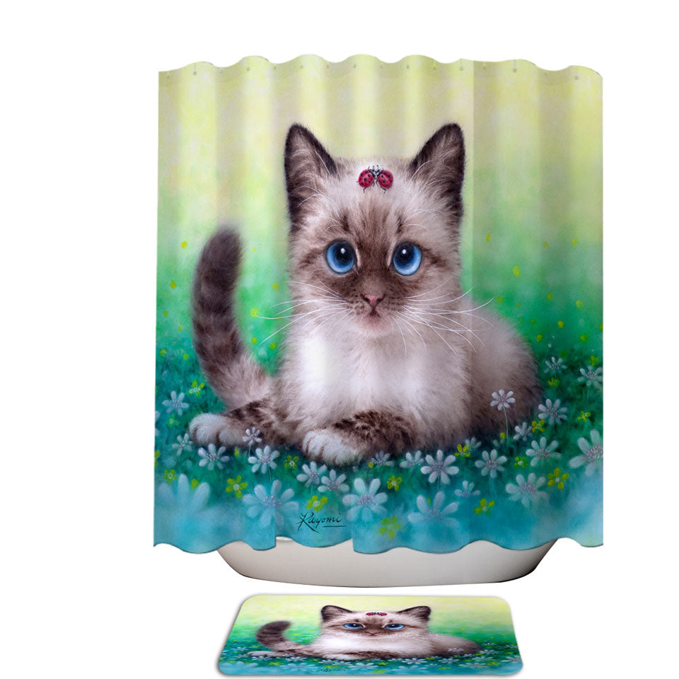Decorative Shower Curtains with Stunning Cat Painting Ladybugs and Kitten