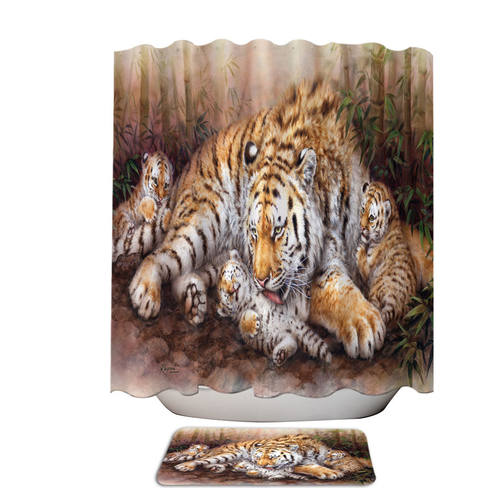 Decorative Shower Curtains with Wildlife Animal Art Tiger Family in Bamboo Forest