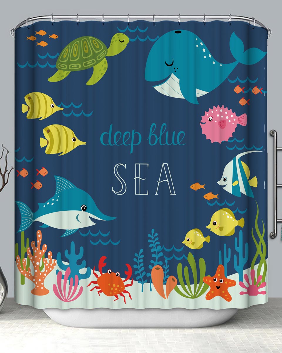 Deep Blue Sea Cute Fish and Marine Life Shower Curtain