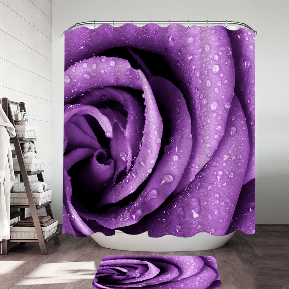 Dew Covered Purple Rose Flower Shower Curtain
