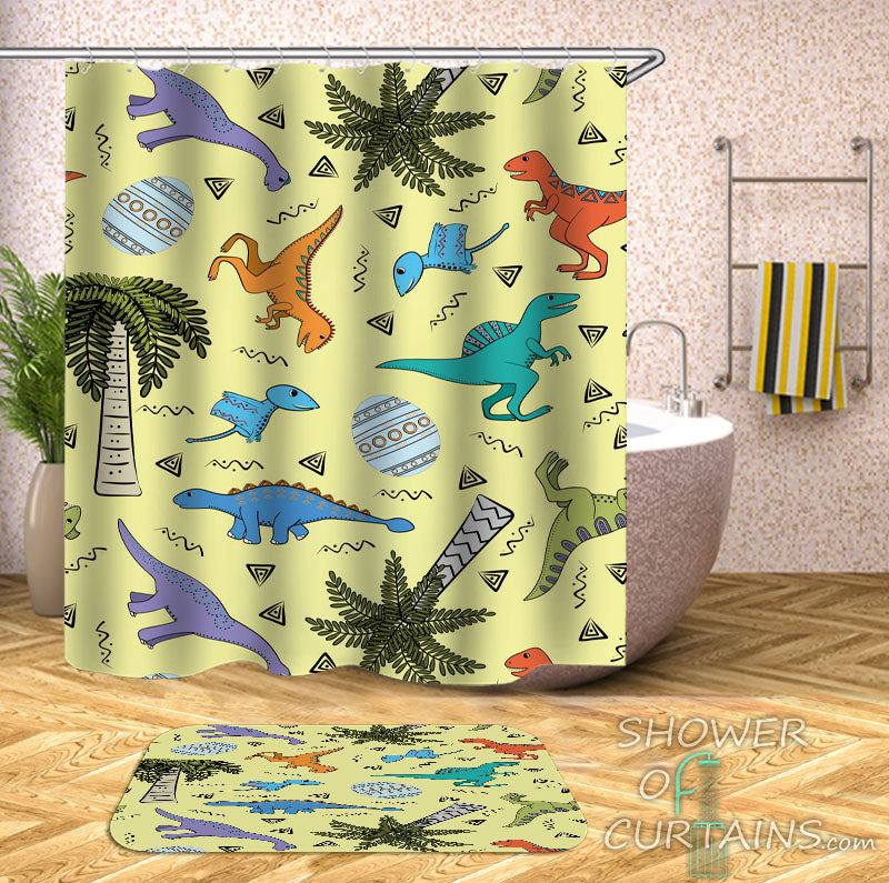Dinosaur Shower Curtain of Cute Dinosaurs Pattern - Kids Bathroom Decor