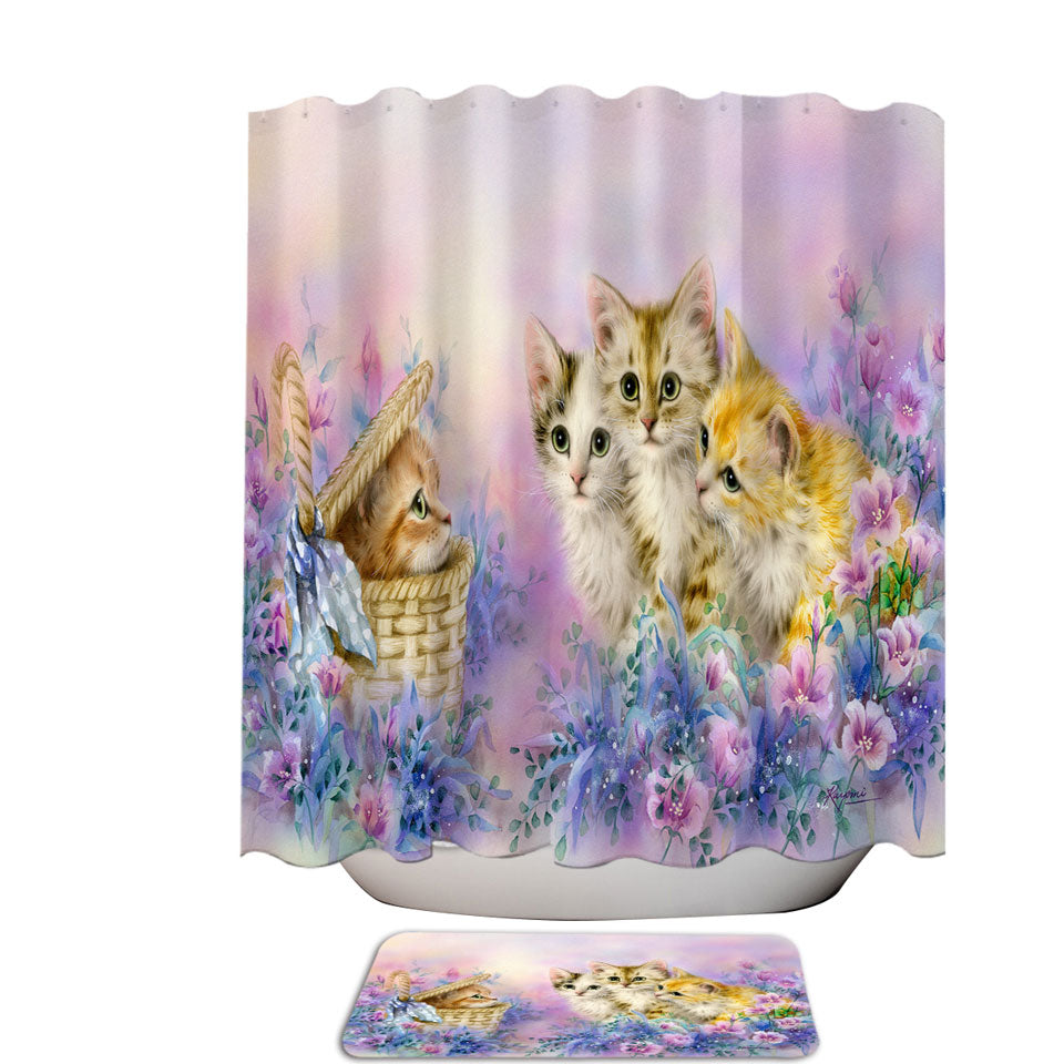 Discount Shower Curtains with Cats Art Adorable Cute Kittens in Flower Garden