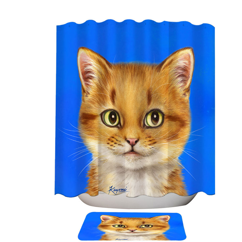 Discount Shower Curtains with Handsome Ginger Cat over Blue