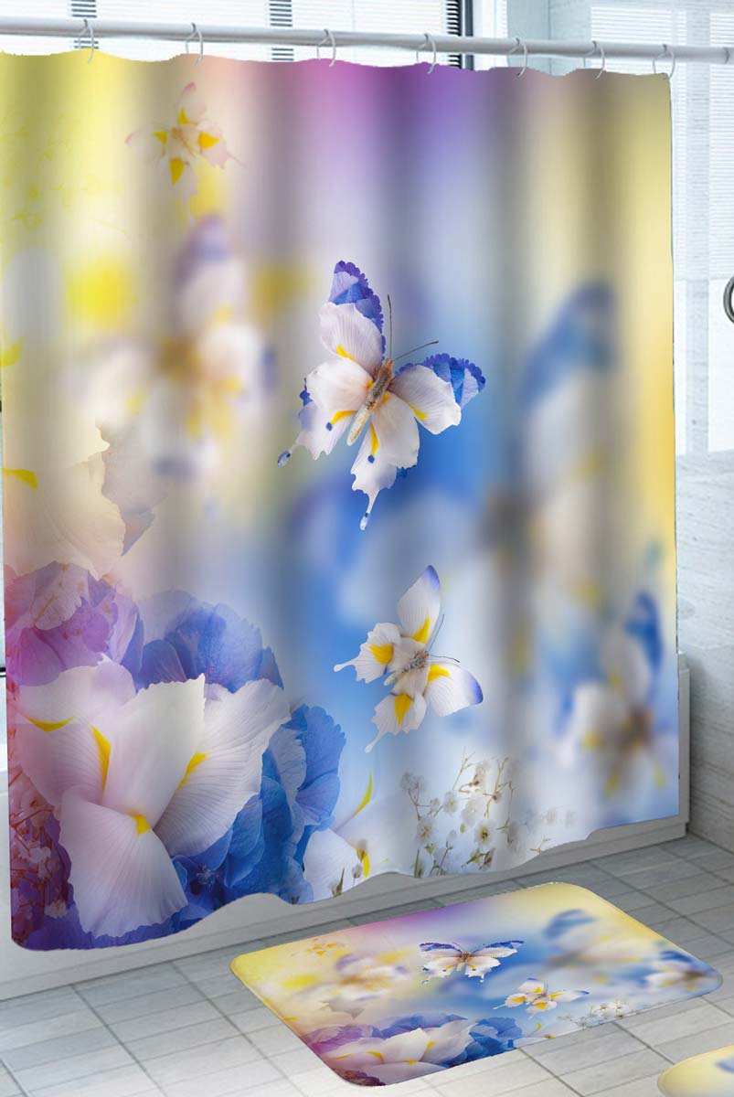Discount Shower Curtains with Yellow White Blue Purple Butterflies