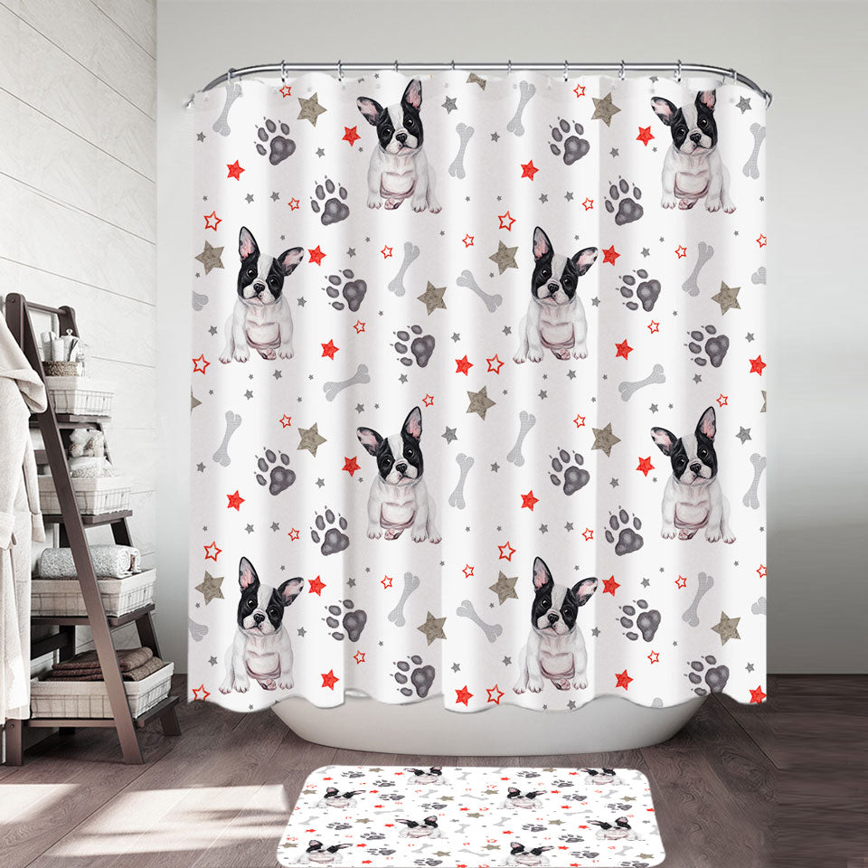 Dog Shower Curtain Cute French Bulldog Dog Paws and Bones