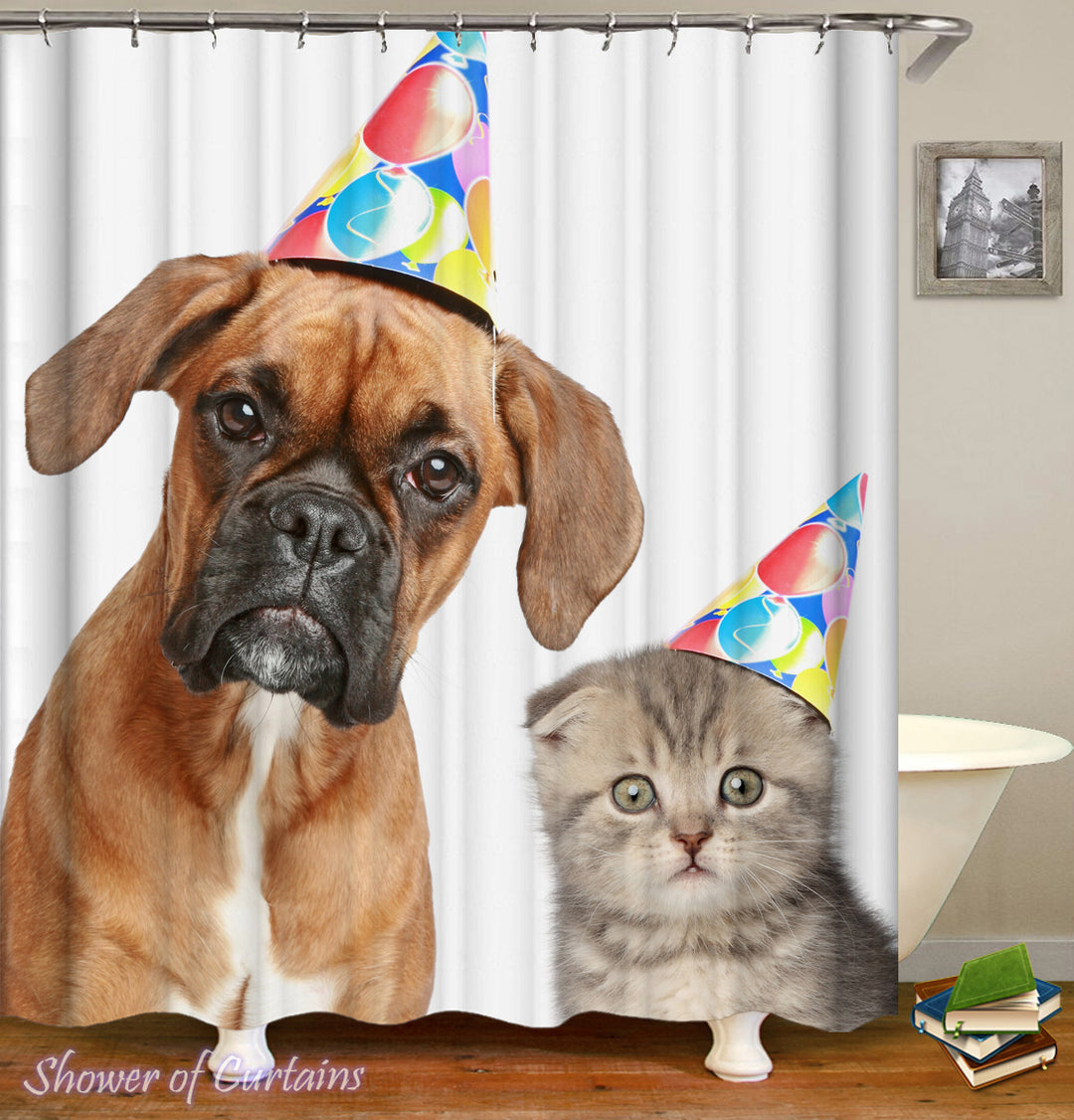 Dog Cat Shower Curtain of Birthday Pets