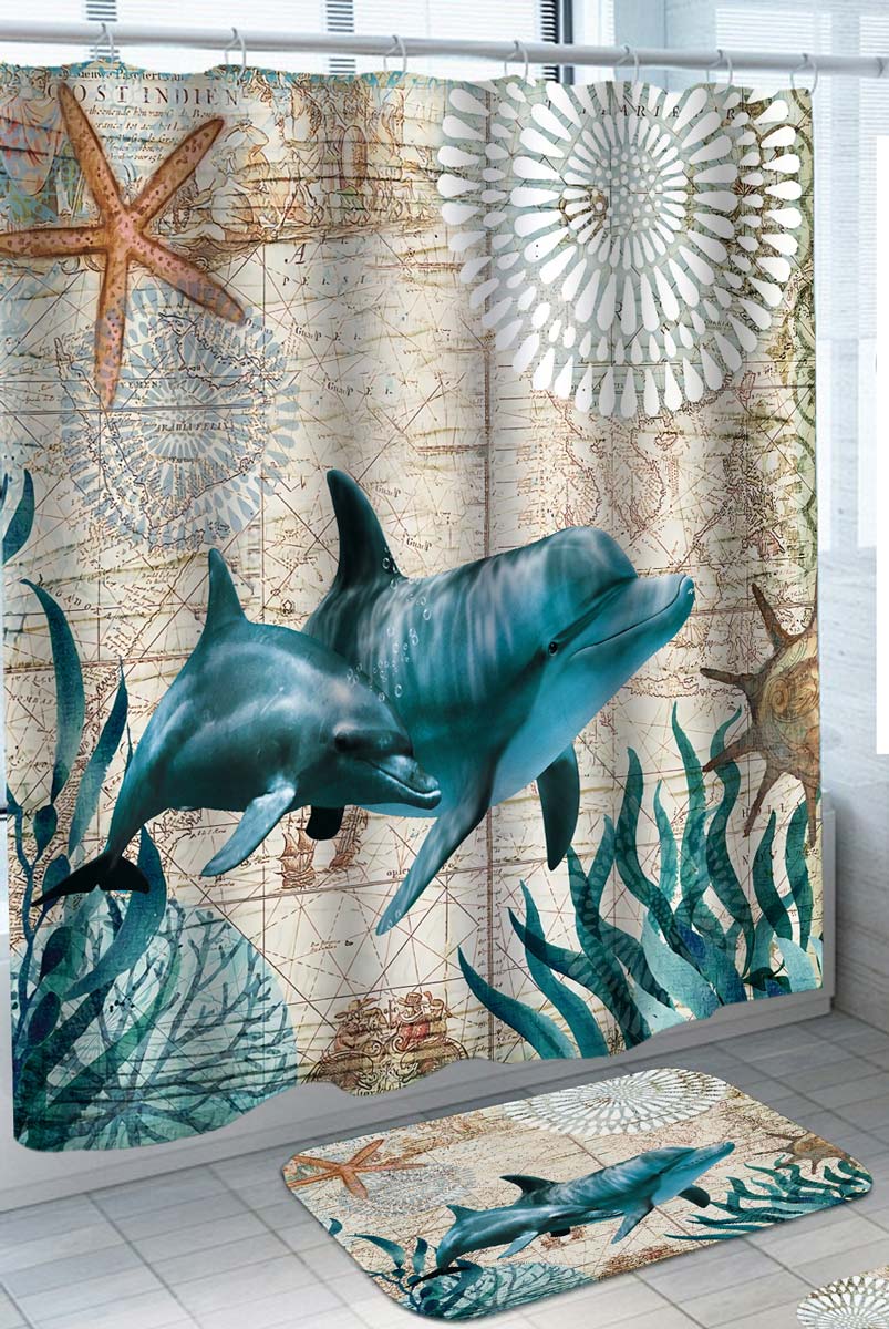 Dolphins Shower Curtain with Vintage Map