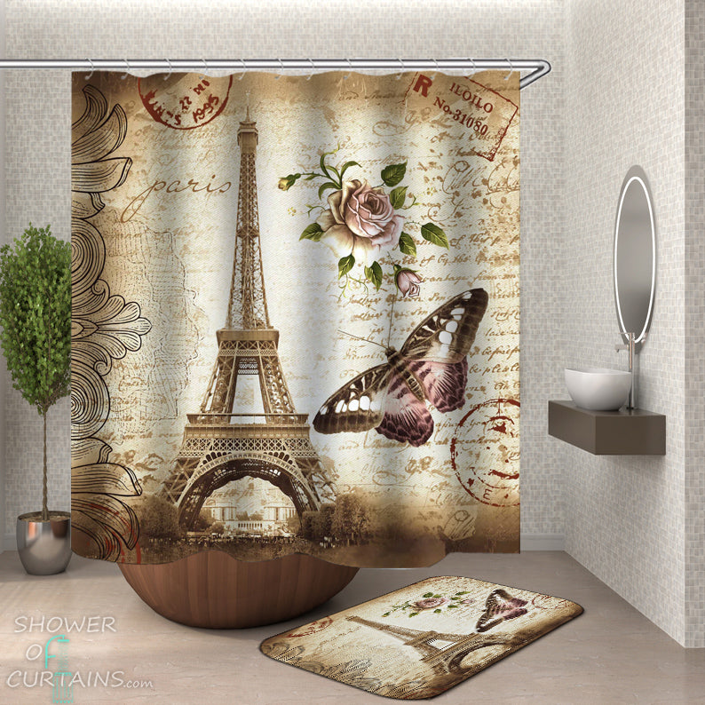 Eiffel Tower Shower Curtain - A Postcard From Paris Shower Curtain and Bath Mat