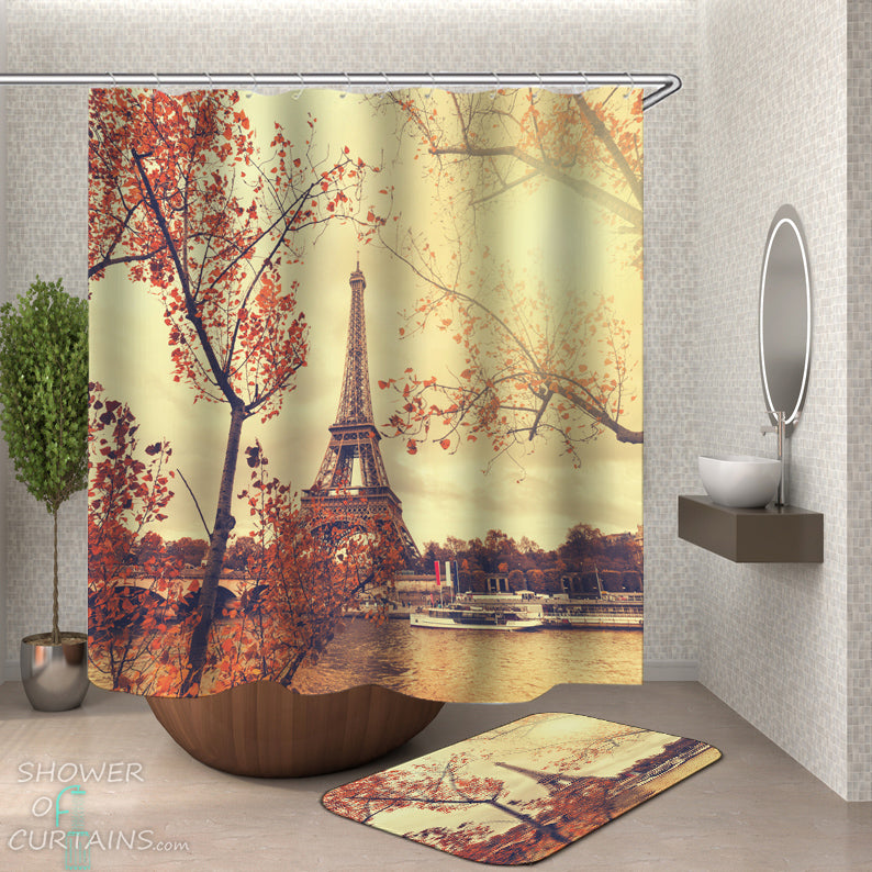 Eiffel Tower Shower Curtain and Bath Mat - Romantic View of the Eiffel Tower