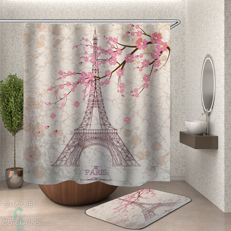 Eiffel Tower and Cherry Blossom Shower Curtain And Bath Mat Set