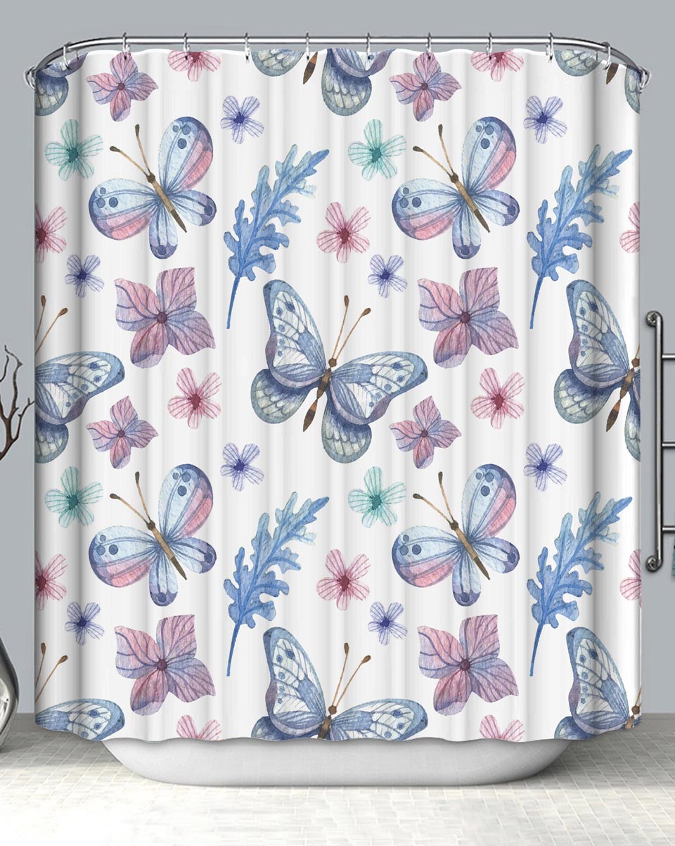 Elegant Shower Curtains with Painted Purplish Flowers and Butterflies
