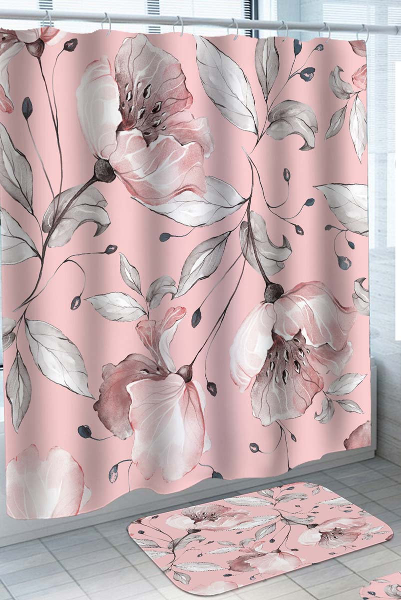Elegant Shower Curtains with Pinkish Flowers over Pink