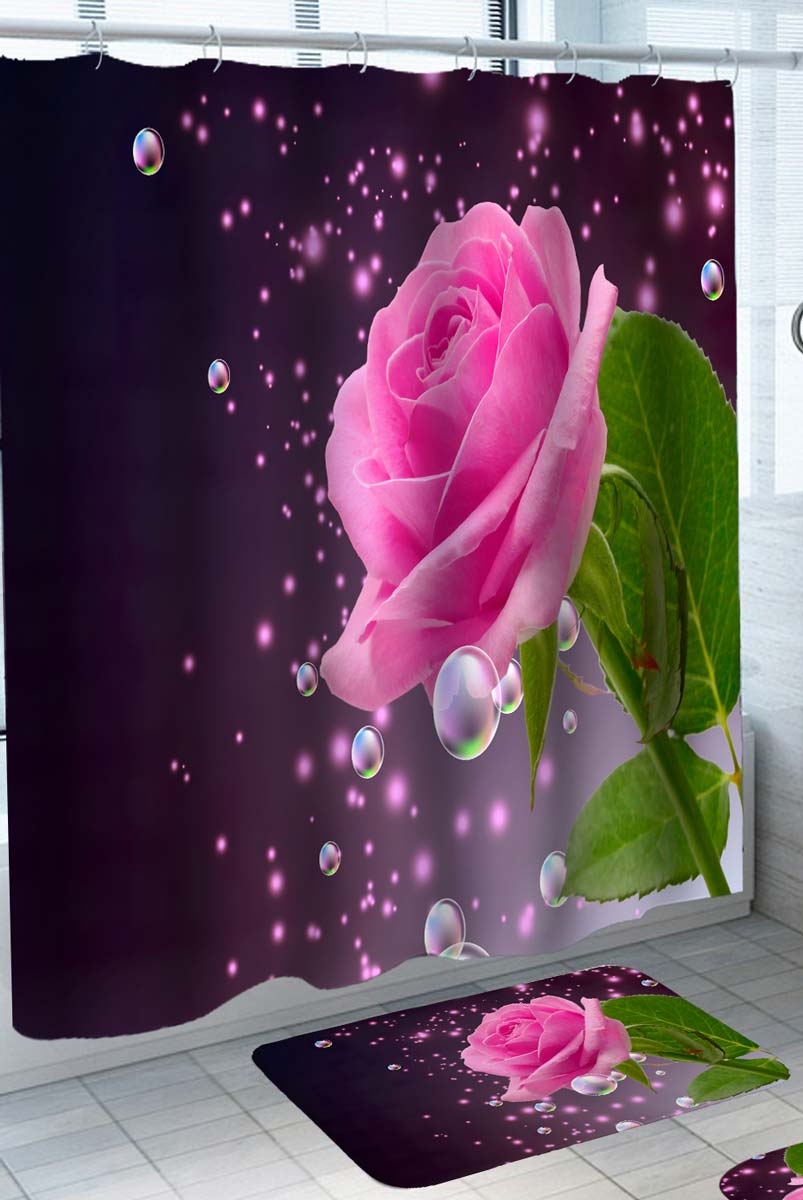 Elegant Shower Curtains with Water Drops Pink Rose
