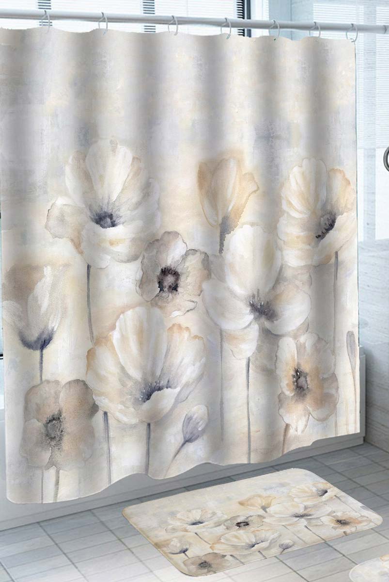 Elegant Shower Curtains with White Flowers Painting