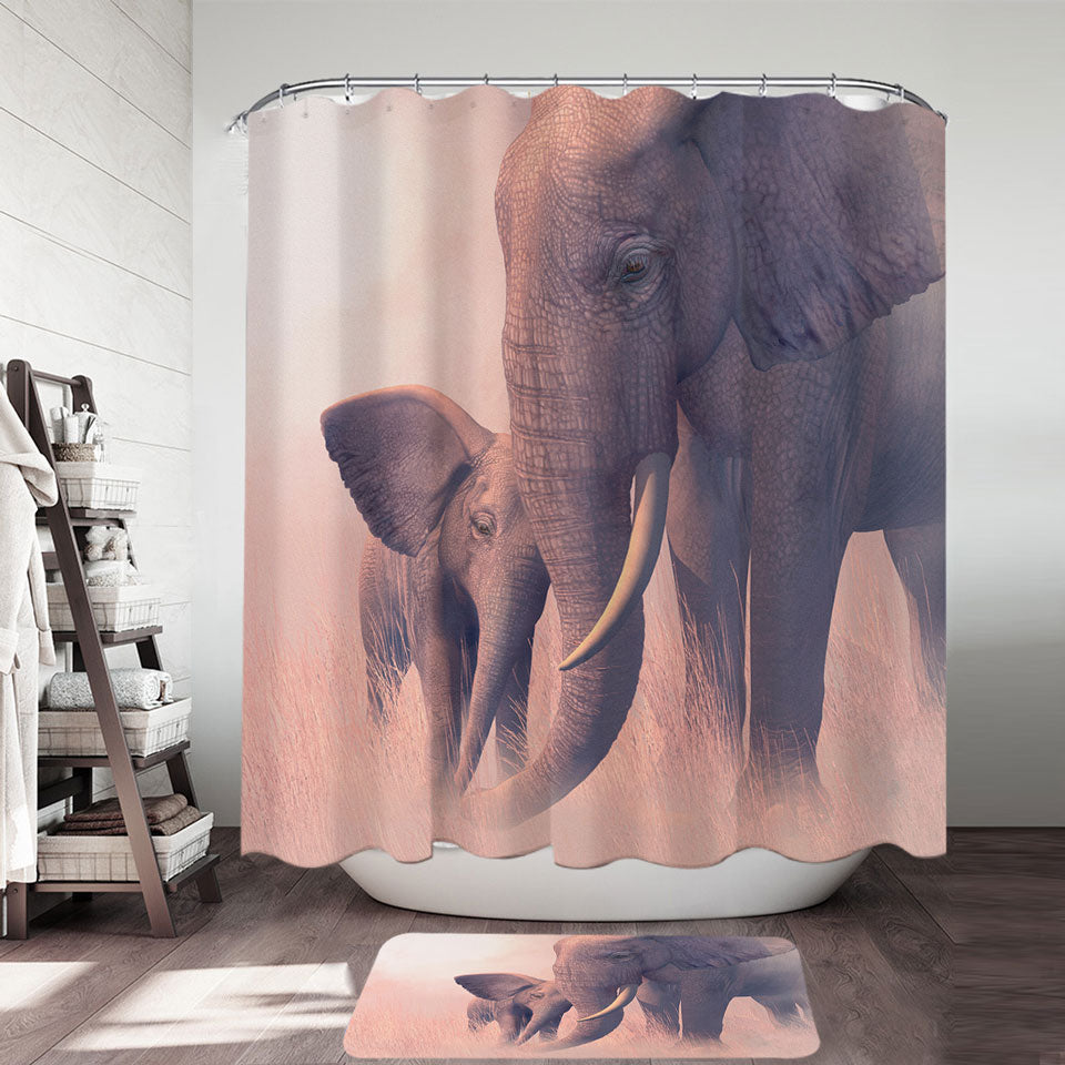 Elephant Shower Curtain Cute Baby Elephant and its Mommy Animal Art
