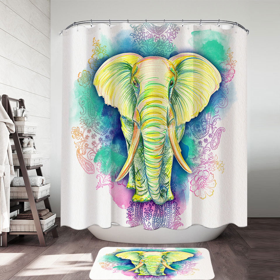 Elephant Shower Curtain Drawing over Oriental Flowers