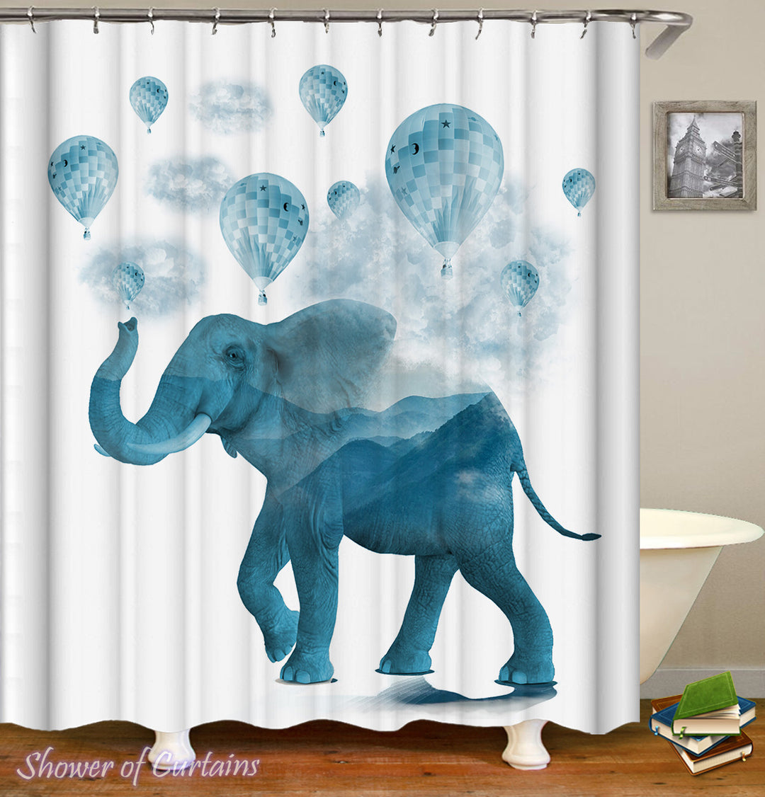 Elephant Bathroom Decor of Blue Hot-Air Balloons And Elephant Shower Curtain