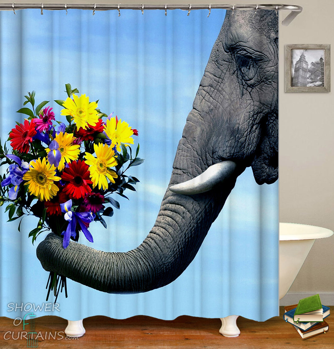 Elephant Holding Colorful Flowers - Elephant Shower Curtain