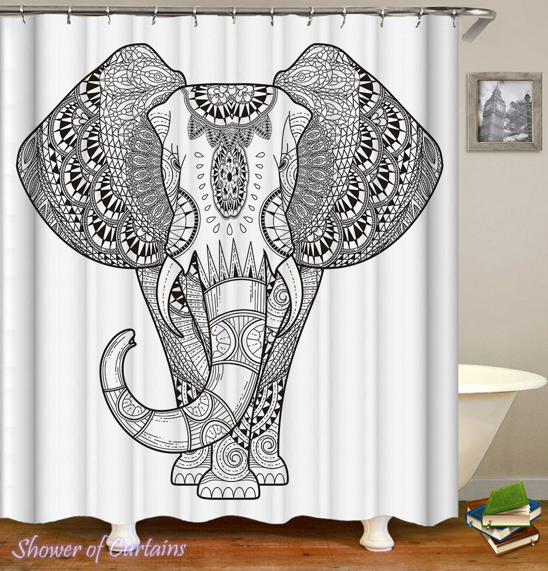 Elephant Shower Curtain - Black And White Elephant Drawing