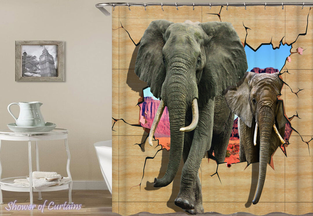 Elephant Shower Curtain of Elephants Breaking A Wall