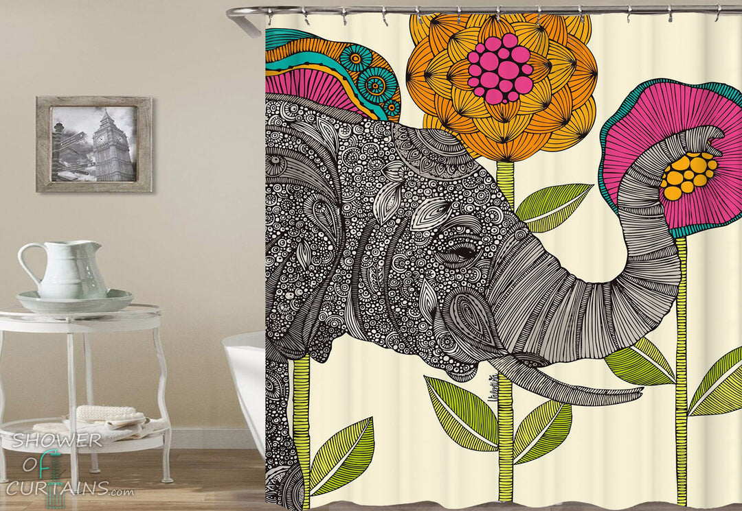 Elephant Shower Curtain of Oriental Elephant And Flowers Drawing