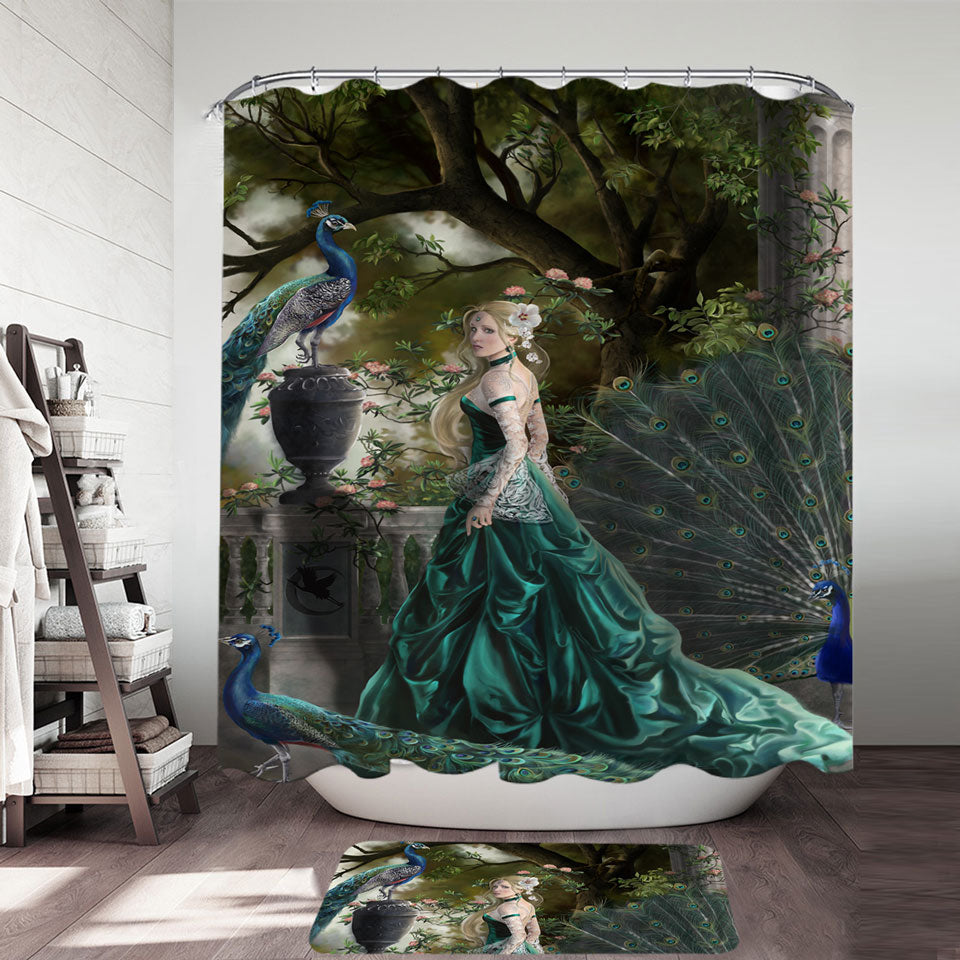 Emerald Fantasy Peacocks and Princess Shower Curtain
