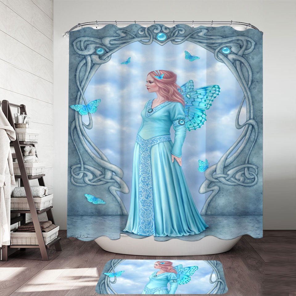 Fabric Shower Curtains Butterflies and Blue Aquamarine Butterfly Girl