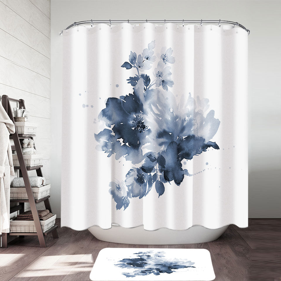 Fabric Shower Curtains Dark Blue Watercolor Flowers
