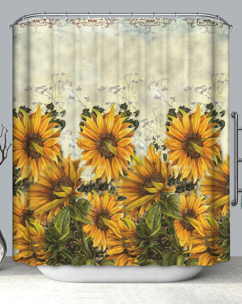 Fabric Shower Curtains Old Fashioned Yellow Sunflowers