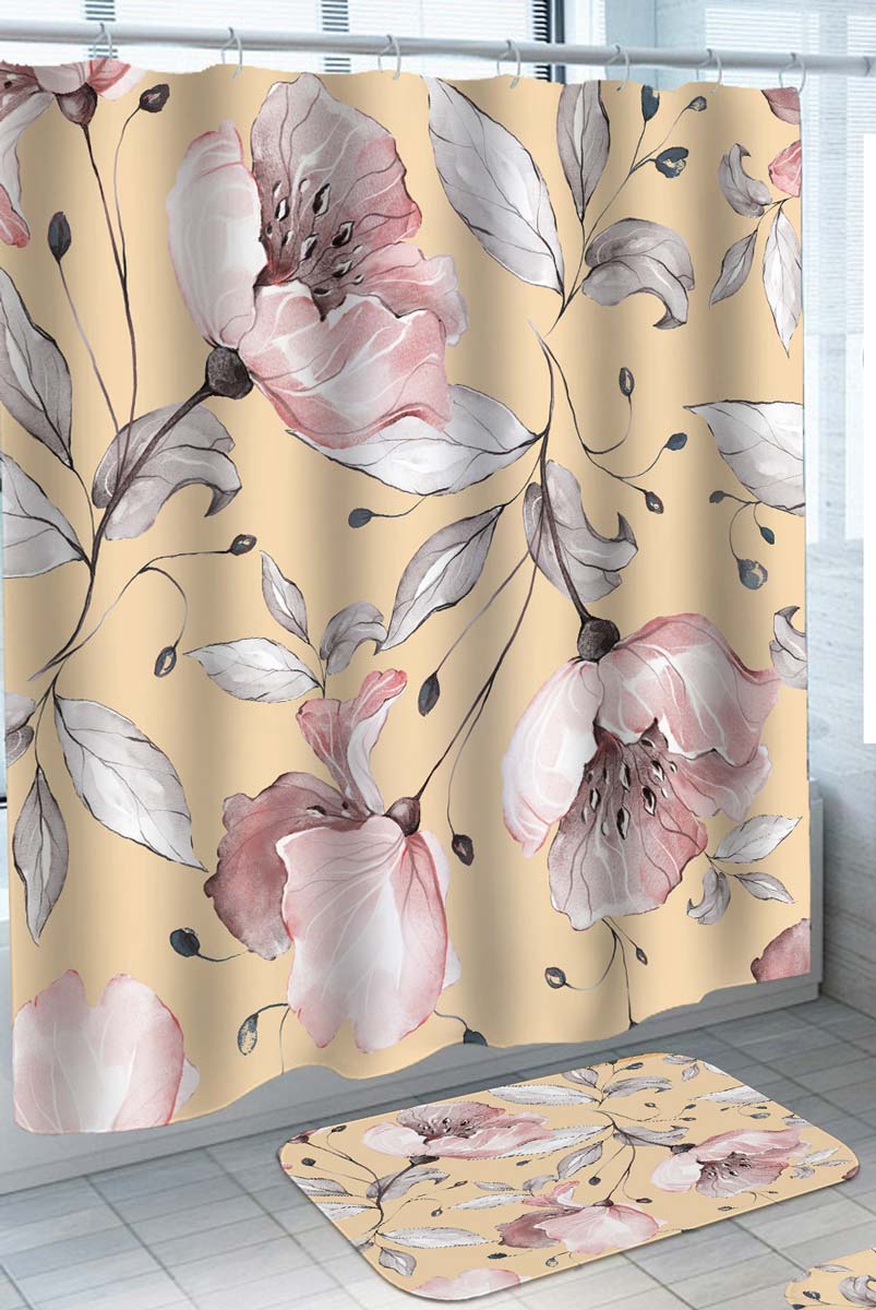Fabric Shower Curtains Pinkish Flowers over Yellow