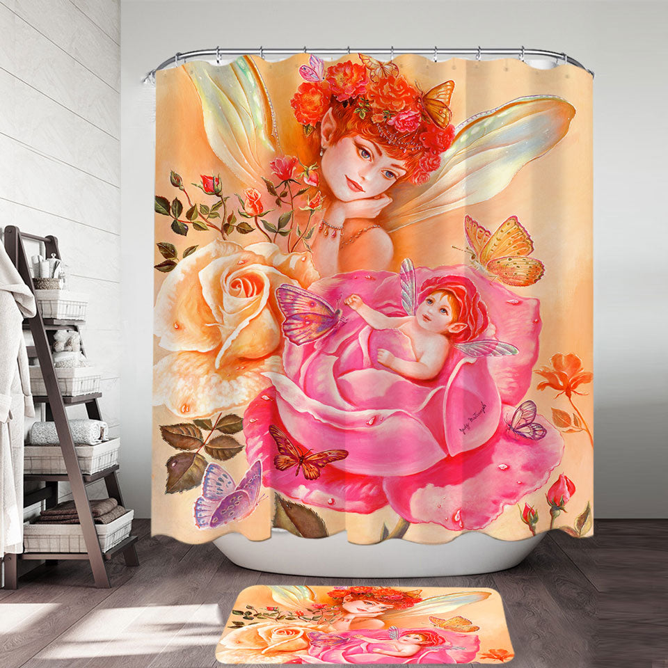Fabric Shower Curtains Roses Fairy and Her Baby Painting My Little Rosebud