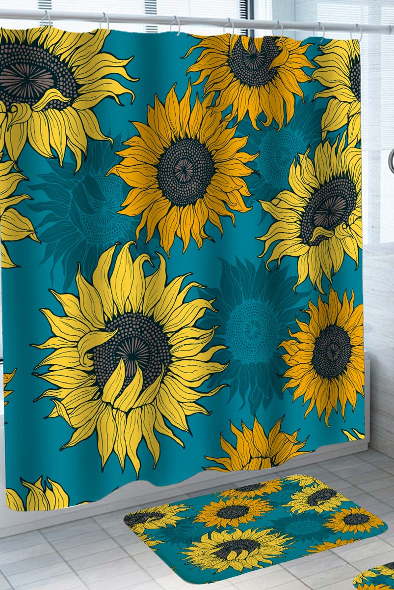 Fabric Shower Curtains of Sunflowers over Blue