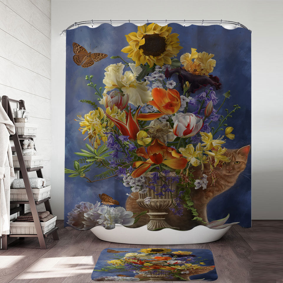 Fabric Shower Curtains with Cats Art Colorful Flower Bouquet and Cat