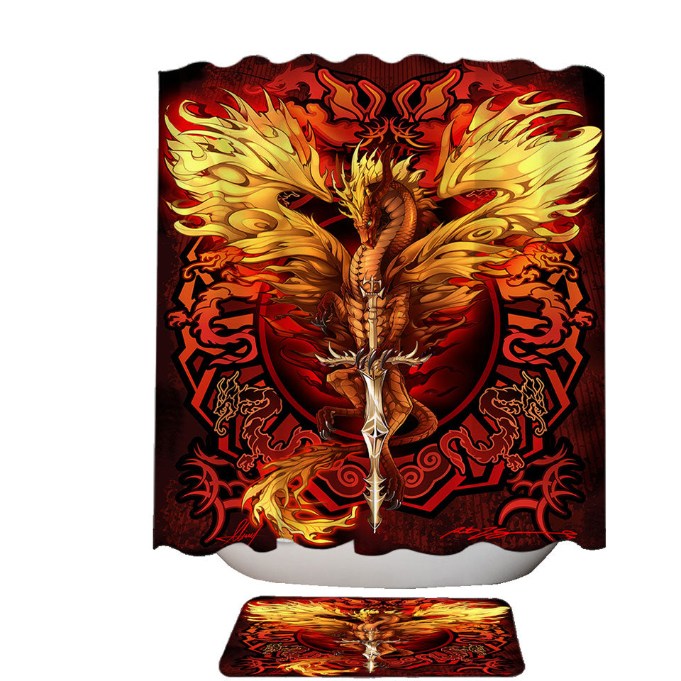Fabric Shower Curtains with Cool Fantasy Sword Weapon Dragon Flame Blade